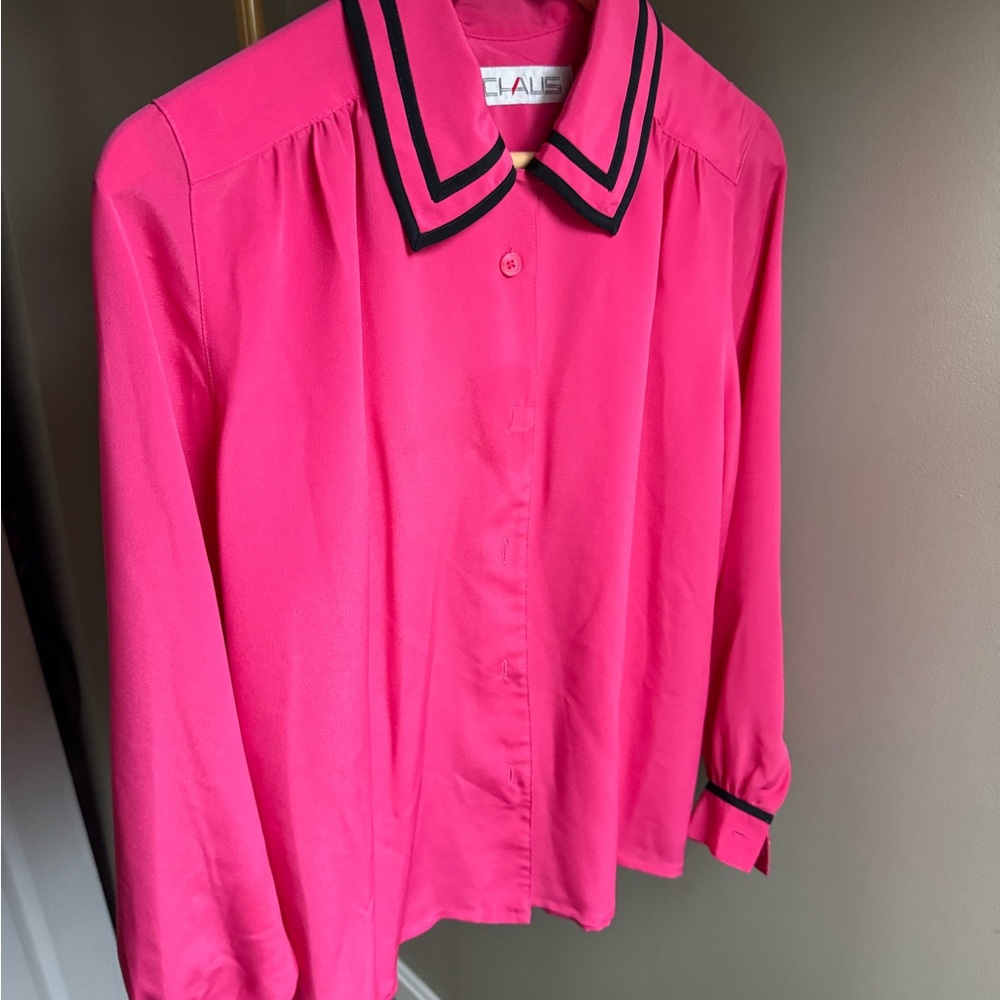 Vintage Chaus Pin Stripe Fuchsia Long Sleeve Blouse with Black Trim